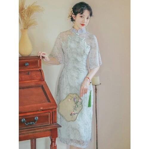 Summer New Style Chinese Style Womens Retro Literary And Artistic Modification Benign Cheongsam Dress Chiffon Mid-Length Dress