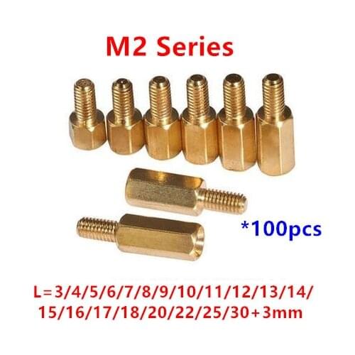 100pcs 2mm Thread M2 Hex Brass Standoff Spacer Male to Female Brass spacing screws pillar M2*4/5/6/8/10/12/15/16/18/20/25/30+3mm