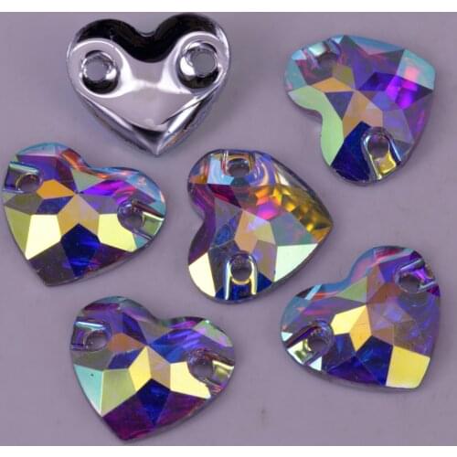 Free Shipping, 100pcs/Lot, 12mm 16mm Crystal AB / Clear AB Flat Back #3808 Heart Resin Sew On Stones