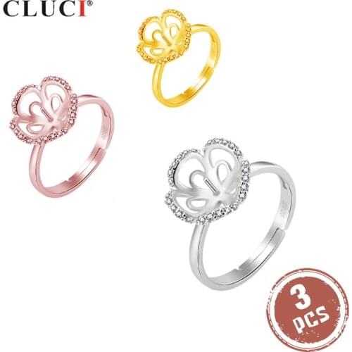 CLUCI 3pcs Silver 925 Flower Pearl Ring Mounting for Jewelry Making Women 925 Sterling Silver Adjustable Rings SR2102SB