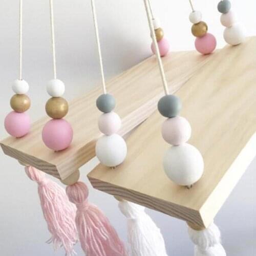 Tassel Beads Hanging Board Wooden Wall Storage Shelf Holder Kids Room Bedroom Pendant Photo Frame Toys Holder Home Decoration