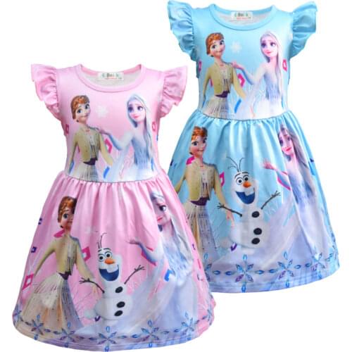 Girls Frozen 2 Dress Flying Sleeve Cartoon Print Aisha Anna Princess Dress Baby Girl Summer New Clothing