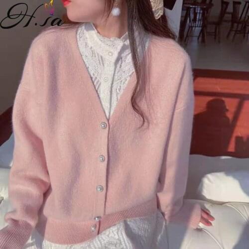 H.sa 2021 cashmere sweater women Knitted Cardigan Womens Pink Candy Color Pearl Button Up Sweater Coat V neck Outerwear Women