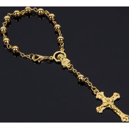 Christian Cross Bracelet 6mm Jesus Rosary Bracelet Gold, Golden Jesus Cross Bracelet Baptism Rosary