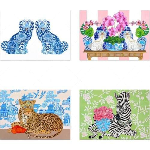 Art Print Preppy Zebra avec pot de gingembre et pivoine sur papier peint de style chinois, impression d'art léopard de style chi