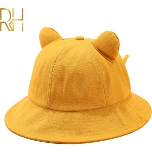 New Cute Summer Fisherman Cap Fashion Yellow Pink Solid Color Cat Ears Bucket Hat Travel Sun Cap For Women RH