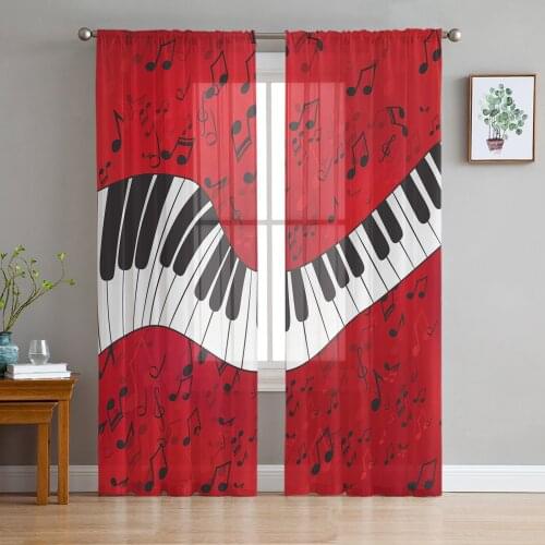 Piano Keys Music Note Red Curtain Window Tulle For Living Room Bedroom The Kitchen Window Treatment Decorations Curtains