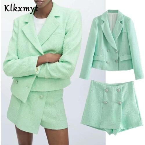 Klkxmyt Za 2 Pieces Set Women Fashion Texture Cropped Blazer+Shorts Set Vintage Double Breasted With Pocket Woman Suit Sets
