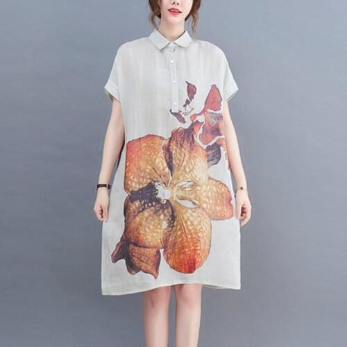 Korea Style Polo Collar Print Street Fashion Girls Chic Blouse Shirts Dress Ramie Linen Loose Women Casual Summer Midi Dress