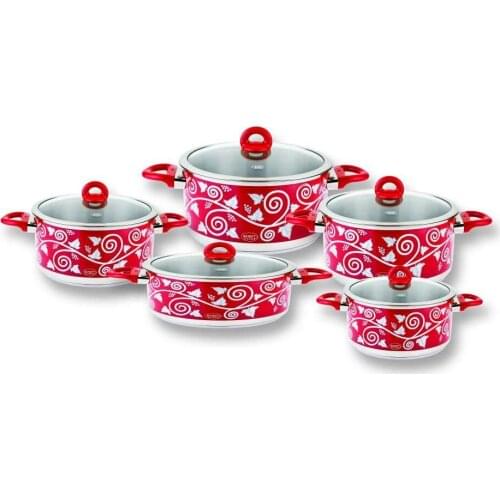 Cookware Set 5 piece Patterned Black Red Pink Stainless Steel Thermo with Base 18/10 Cr-Ni Made in Turkey