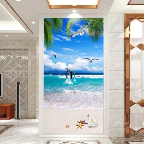 Beach Dolphin Seagull Seascape DIY Door Sticker Home Decoration Wall Stickers Porch 3D Art Mural Peel & Stick Vinly Wallpaper