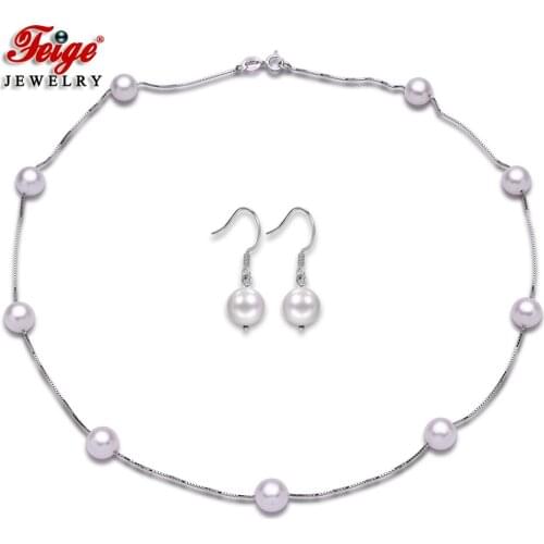 Real 925 Sterling Silver Box Chain Natural Round Cultured Pearl Necklace and Earrings Set for Women Anniversa Gift Fine Jewelry