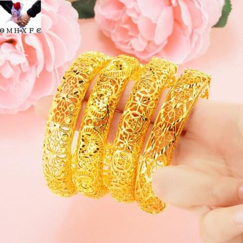 OMHXFC Wholesale BE506 European Fashion Fine Hot Woman Girl Party Birthday Wedding Gift Hollow Flower 24KT Gold Bracelet Bangle