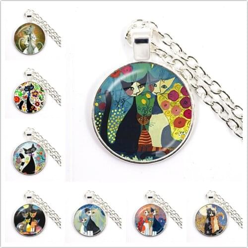 Colorful Family of Cats Girl Necklace Abstract Oil Painting Kitten Glass Cabochon Women Mens Pendant Necklaces Jewelry