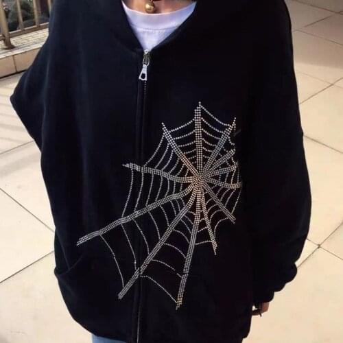 Spider web hot drilling hoodie women 2000s vintage casual gothic long sleeve zipper coat y2k streetwear Harajuku oversize coat