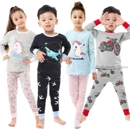 Boys Girls Pajamas Sets Winter Cotton Long Sleeve Pijama Set Unicorn Cartoon Dinosaur Pyjama Suit Pink Blue Child Kids Sleepwear