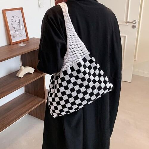 Casual Plaid Knitting Bag for Women Design Lady Handbags Woolen Shoulder Bags Summer Beach Large Tote Big Purse Shopper Bag 2021