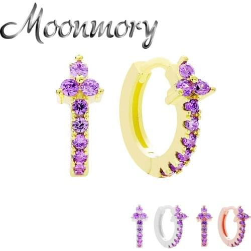 Moonmory 925 Sterling Silver Purple Full Zircon Hoop Huggies Earring For Women Statement Crystal Round Circle Earring Jewelry