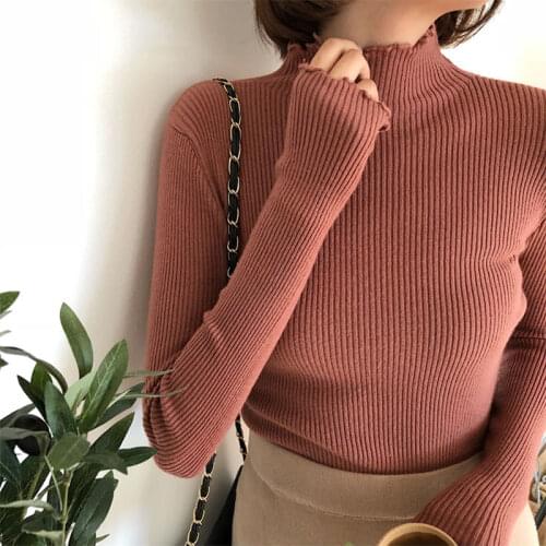 2021 Fall Winter Fashion Ruffles Sweater Turtleneck Ruched Women Sweaters High Elastic Solid Female Slim Sexy Knitted Pullovers