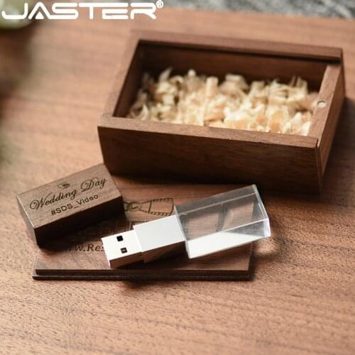 JASTER Crystal Wood USB Flash Drive 128 GB Pen Drive Wooden Box U Disk Memory Stick Pendrive 64GB Wedding Gift Thumb Drives 32GB
