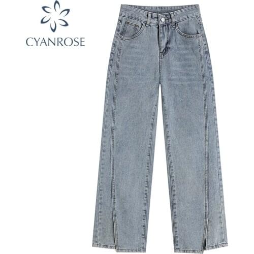 Vintage High Waist Slits Patchwork Wide-Leg Jeans Women Solid Casual Straighting Versatile Denim Pant Female Korean Streetwear
