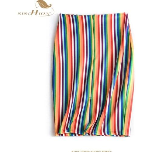 SISHION Rainbow Striped Printed Plus Size Skirt Pencil Summer Casual Skirts Midi Slip Hip Jurken Faldas Mujer Jupe SP1379