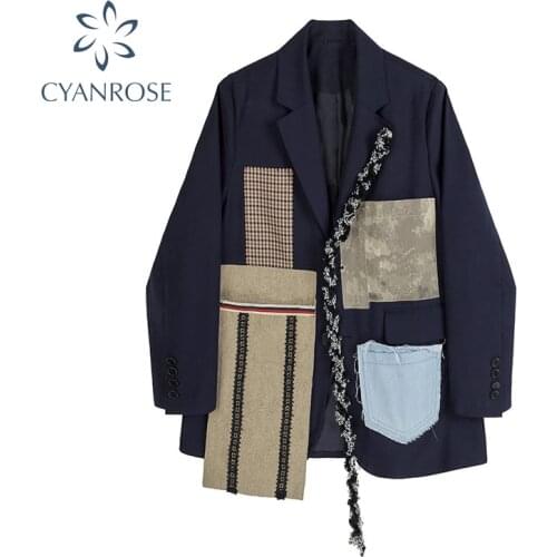 Women Patchwork Pocket Blazer Coat New Lapel Long Sleeve Loose Vintage Streetwear Fit Jacket Fashion Tide Spring Autumn 2021
