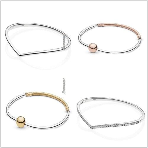 Authentic 925 Sterling Silver Shimmering Wish Cubic Zirconia Snake Chain Bracelet Bangle Fit Women Bead Charm Pandora Jewelry