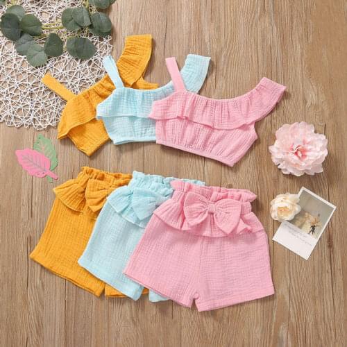 1-4Y Summer Lovely Kids Girls Clothes Sets Solid One Shoulder Ruffles Vest Tops Shorts 2pcs