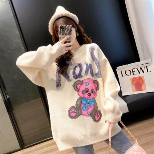 Womens Sweater Knit Tops Wear Winter Pink Fashion Cartoon Graffiti Bear Kawaii Mid-length Korean Version Loose Plus Size Girl