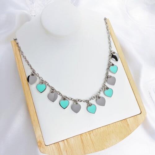 SALE Womens Stainless Steel Classic Blue Enamel Heart Pendant O-shaped Necklace