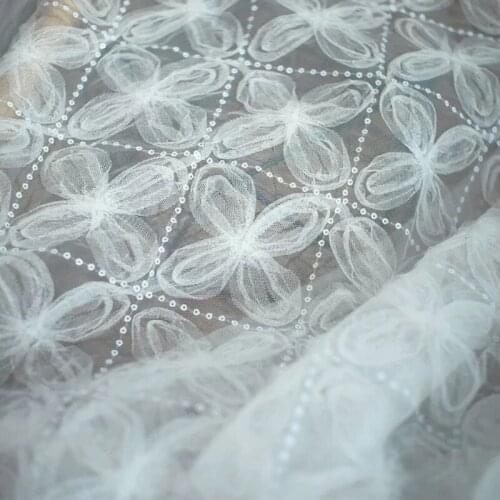 3D Flower Lace Fabric Wedding Decoration Sewing Dress Fabric Needlework Off White