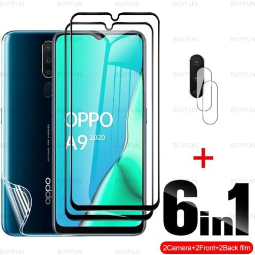 6in1 Black edge glass For OPPO A9 2020 6.5'' Back Hydrogel Soft Film and camera film for oppo appo A9 A5 2020 screen protector