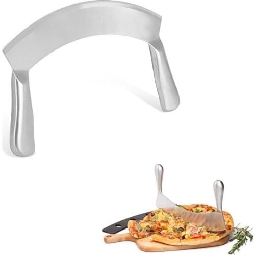 8.5in Stainless Steel Double-Handled Mezzaluna Knife Pizza Cutter Curved Blade Kitchen Herb Mincer Fruit Vegetable Salad Slicer
