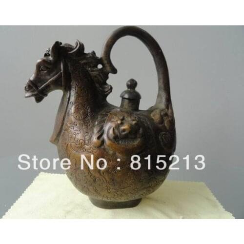Free Shipping wang 000108 Chinese bronze ancient wine pot horse shape Qianlong carving old antique
