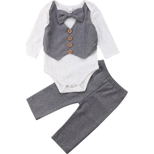 New Gentleman Newborn Boys Bow Tie Tops Bodysuit and Pants Formal Suit 2 Pieces Outfits Clothes