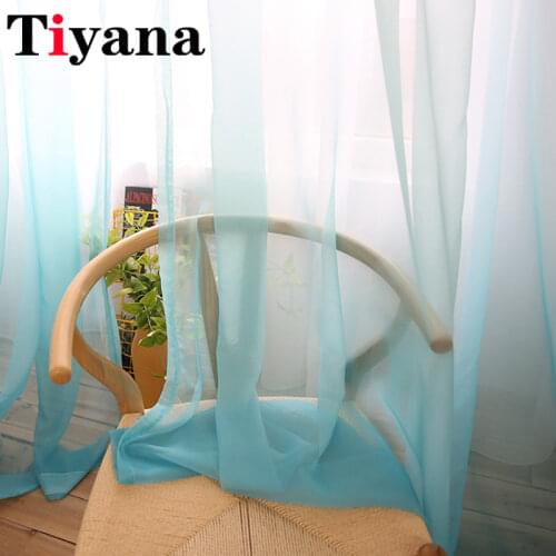Tiyana Curtains Gradient Print Voile Tulle For Living Room Modern Sheer Curtains Blue Fabrics Window Drapes Rideaux Cortina D45