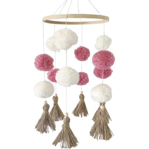XXFE Nordic Baby Crib Wooden Mobile Rattle Colorful Pom Pom Plush Ball Tassels Wind Chimes Hanging Pendant Toy for Nursery Room