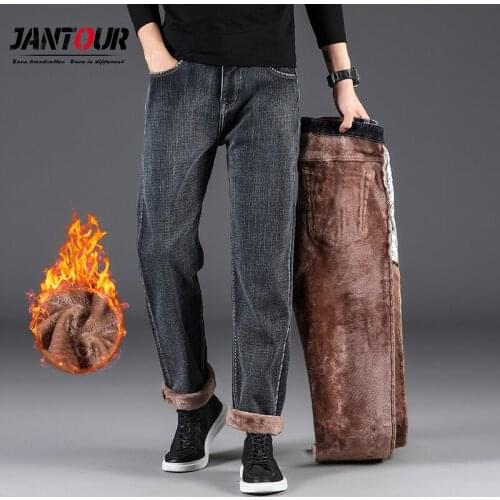 Jantour 2020 New Winter Men Jeans Thicken Plus Cashmere Business Straight Denim Warm Stretch Fashion Gray Pants Big Size 40-44