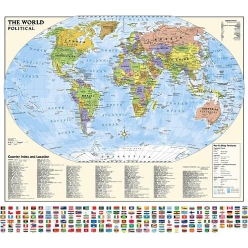 90x90cm Non-woven Spray Map with Country Index and Location Foldable World Map with Flag Office School Supplies Maps & Atlases