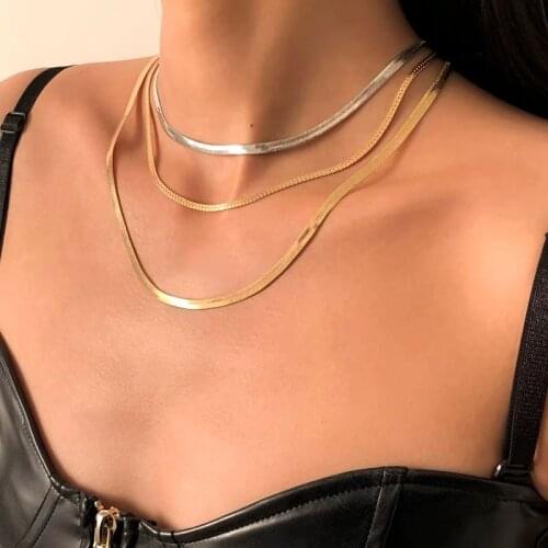Chic Women Snake Chain Necklace, Flat Herringbone Links Choker, Stainless Steel Metal Layered Elegant Minimalist Neck Chain