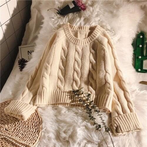 Short twist stripe solid color sweater womens pullover loose 2021 autumn and winter new knitted long-sleeved round neck top