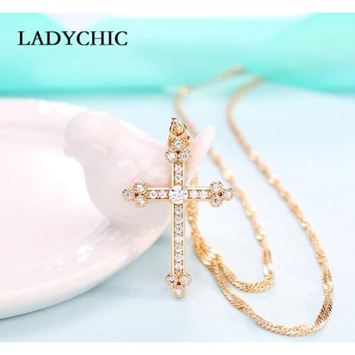 LADYCHIC Classic Gold Color Cross Pendant Necklace Paved with AAA Level Zircon Dainty Flower Cross Jewelry Accessories LN1089