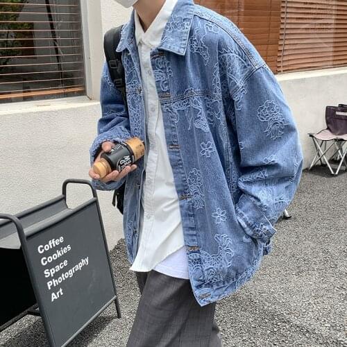 Top Quality Embroidery Denim Jacket Men High Street Korean Loose Bomber Jackets Male Outerwear Casual Overcoat Black/Blue