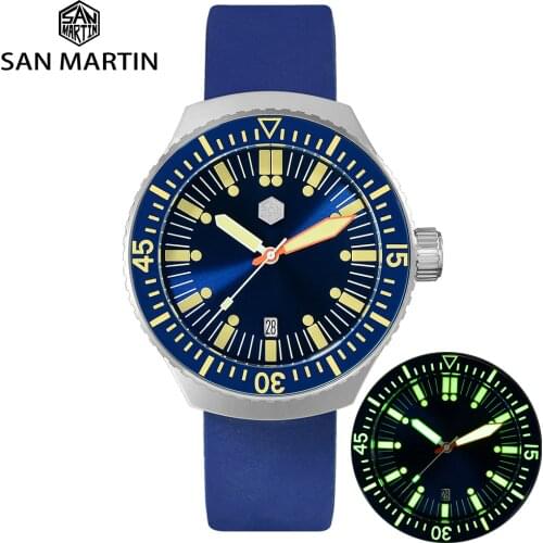 San Martin Mens Diver Watch Blue Dial Sapphire Glass Sporty NH35 Automatic Movement 200m Water Resistant Rubber Strap Luminous