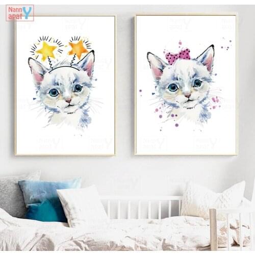 Cartoon Cat Wall Art Canvas Painting Cute Cat with Crown Star Posters and Prints Nordic Wall Pictures for Baby Kids Room Decor