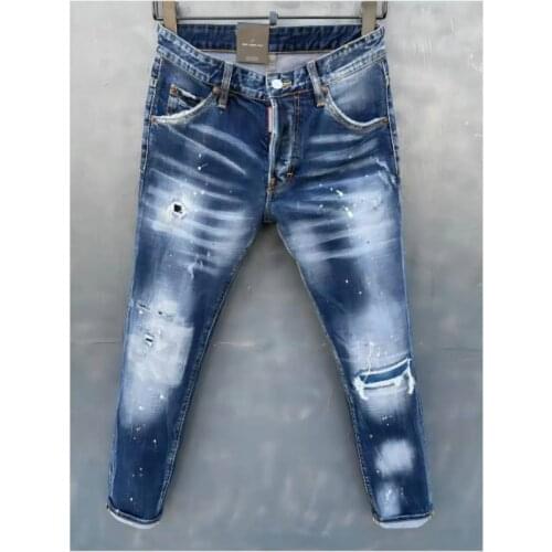 New DSQ2 Mens Skinny Jeans With Ripped Holes And elastic Paint Spray Blue Stitching Beggar Pants 037