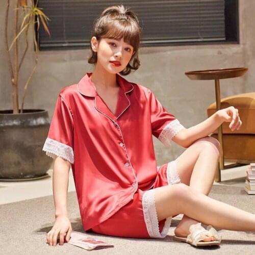 Pajamas womens summer short-sleeved silk cardigan shorts suit summer ice silk can be worn outside womens home clothes