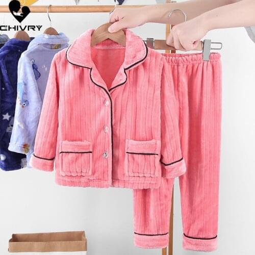 New Kids Boys Girls Autumn Winter Warm Soft Flannel Pajama Sets Solid Long Sleeve Lapel Tops with Pants Sleeping Clothing Sets