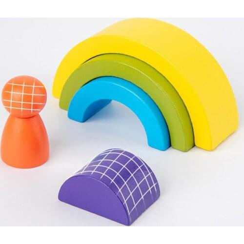 Rainbow Wooden Building Blocks, Stacking Educational Toys Colorful Arch Bridge Building Blocks